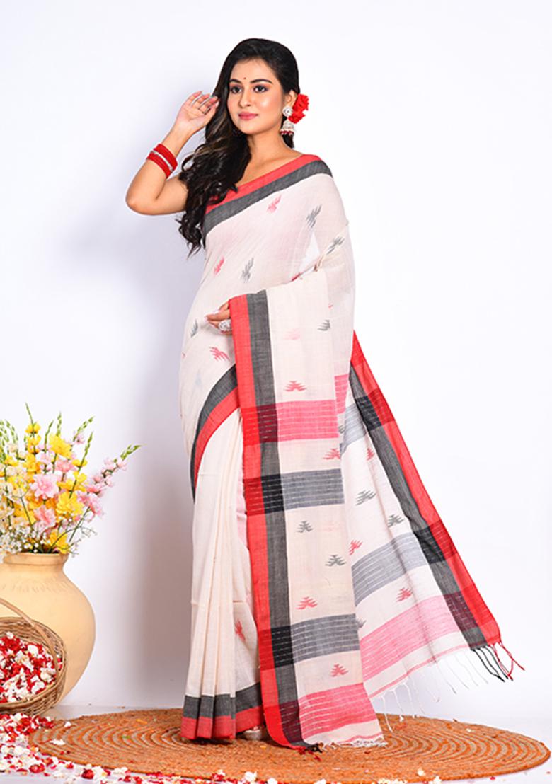 Off White Bengal Linen Cotton Saree Set