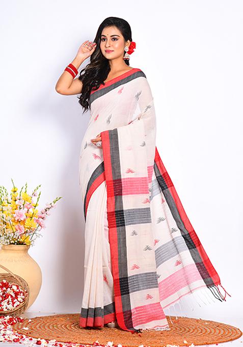 Off White Bengal Linen Cotton Saree Set