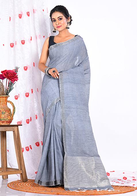 Grey Linen Cotton Saree Set