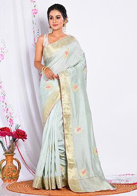 Light Green Heavy Embroidered Japan Satin Saree Set
