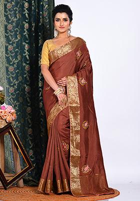 Brown Heavy Embroidered Japan Satin Saree Set