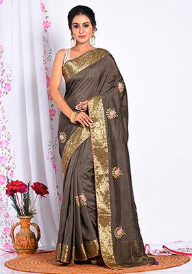 Coffee Heavy Embroidered Japan Satin Saree Set
