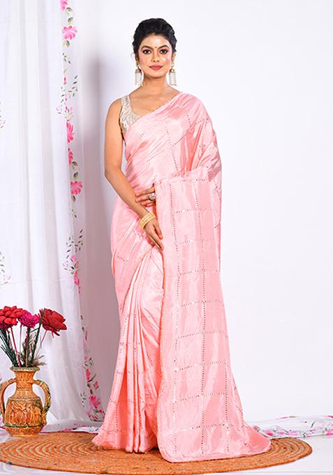 Pink Heavy Embroidered Upada Silk Saree Set