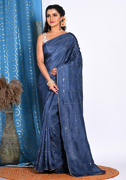 Grey Heavy Embroidered Upada Silk Saree Set