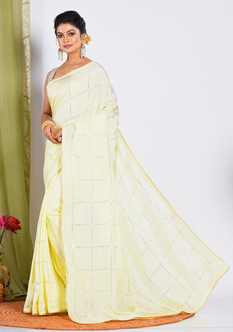 Yellow Heavy Embroidered Upada Silk Saree Set