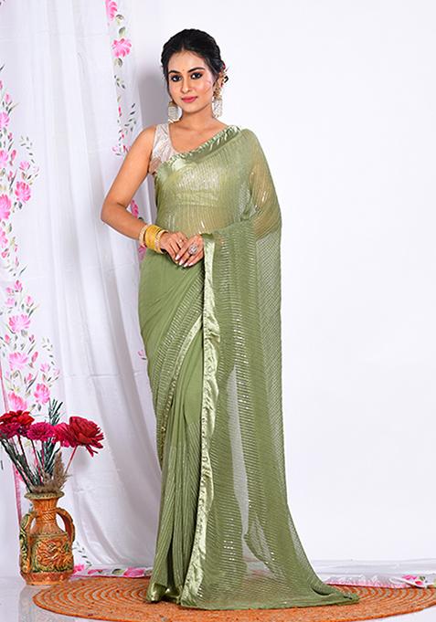 Green Heavy Embroidered Chiffon Saree Set