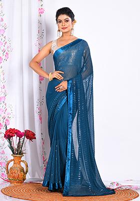 Dark Blue Heavy Embroidered Chiffon Saree Set