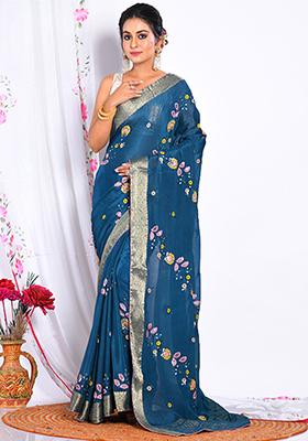 Dark Green Heavy Embroidered Japan Satin Saree Set