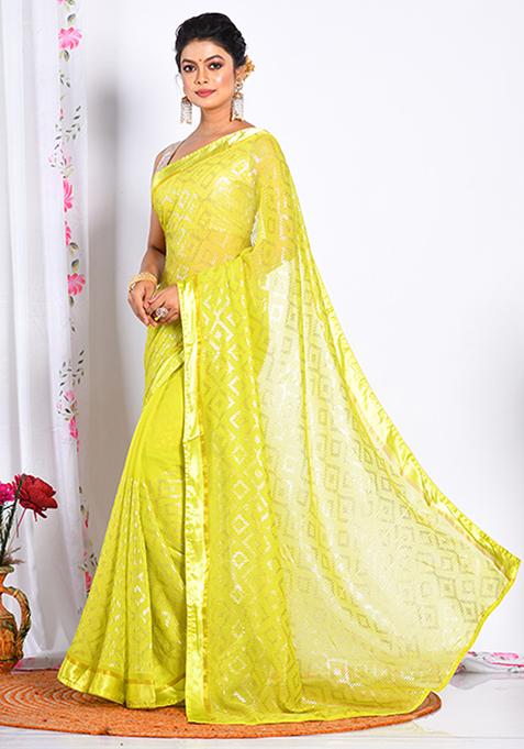 Light Green Heavy Embroidered Chiffon Saree Set