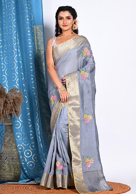 Grey Heavy Embroidered Russian Silk Saree Set