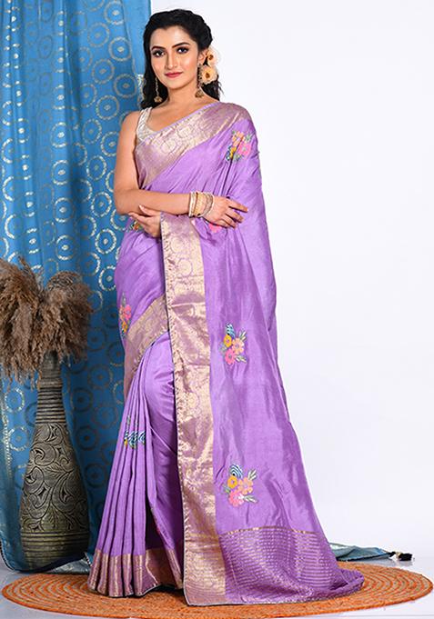 Purple Heavy Embroidered Russian Silk Saree Set