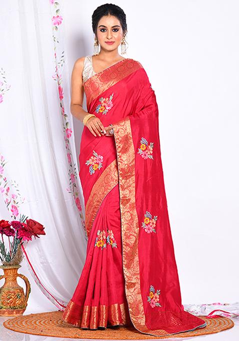 Maroon Heavy Embroidered Russian Silk Saree Set