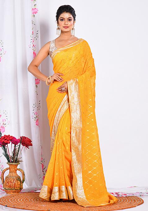 Yellow Heavy Embroidered Viscose Organza Saree Set