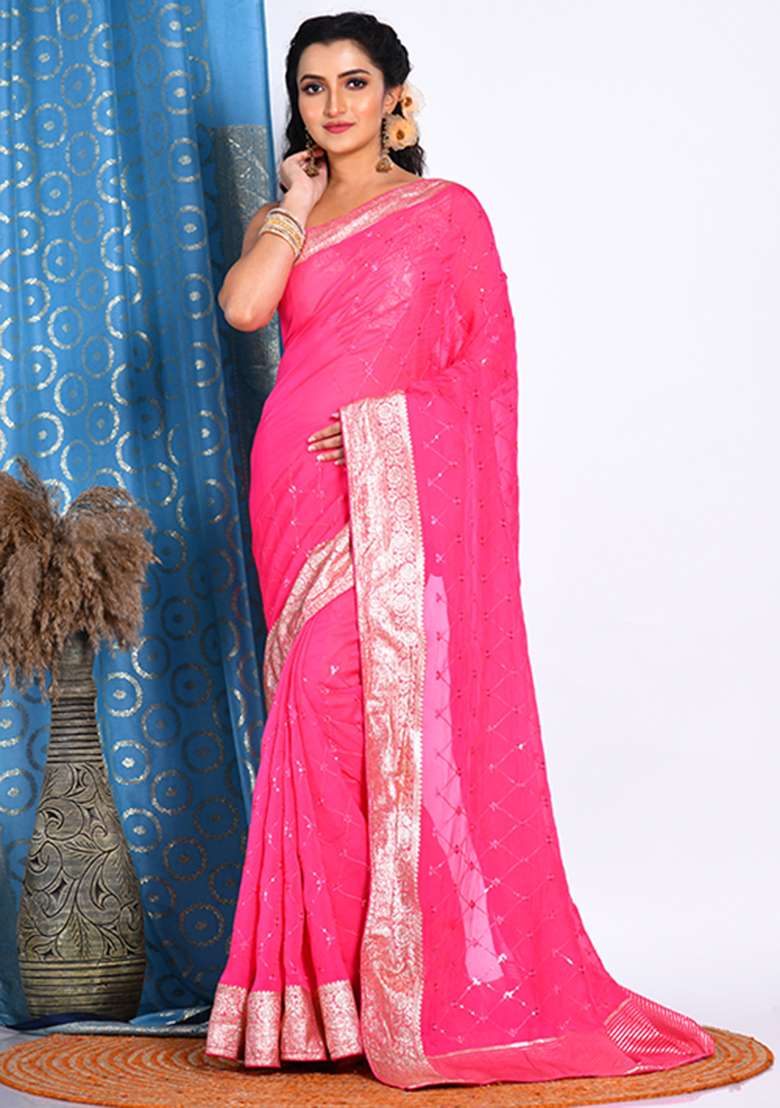 Pink Heavy Embroidered Viscose Organza Saree Set for Diwali and Festive Wear - Indya