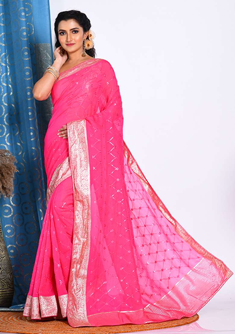 Pink Heavy Embroidered Viscose Organza Saree Set for Diwali and Festive Wear - Indya