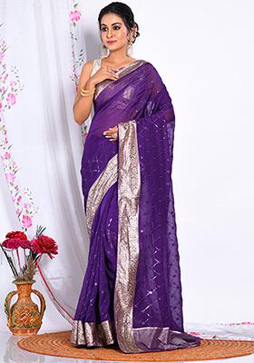 Purple Heavy Embroidered Viscose Organza Saree Set