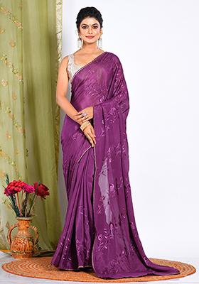 Purple Heavy Embroidered Chiffon Saree Set