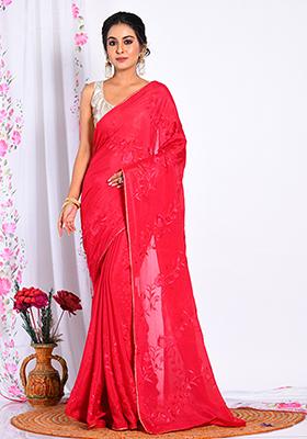Maroon Heavy Embroidered Chiffon Saree Set