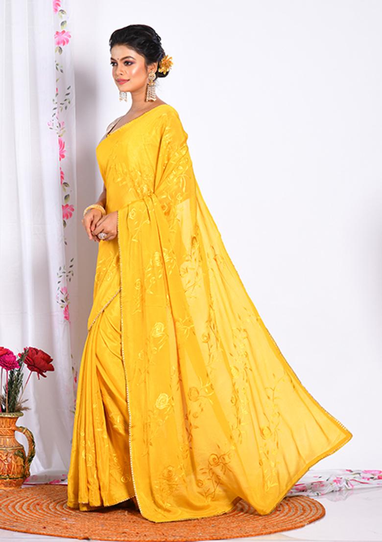 Mustard Heavy Embroidered Chiffon Saree Set