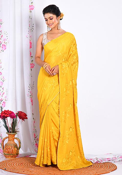 Mustard Heavy Embroidered Chiffon Saree Set