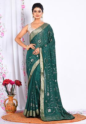 Green Heavy Embroidered Chiffon Saree Set