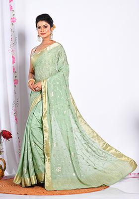 Light Green Heavy Embroidered Chiffon Saree Set