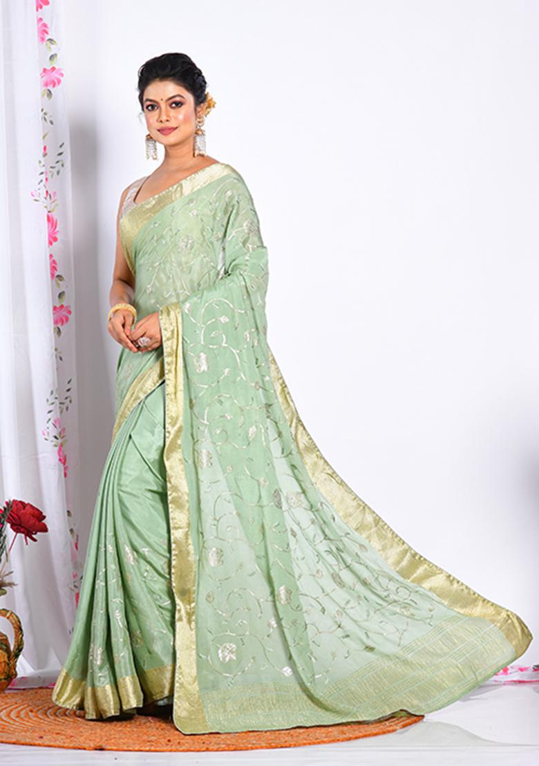 Light Green Heavy Embroidered Chiffon Saree Set