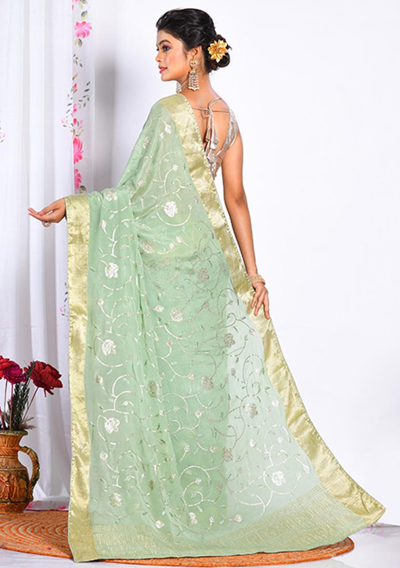 Light Green Heavy Embroidered Chiffon Saree Set