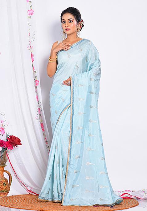 Sky Blue Heavy Embroidered Upada Silk Saree Set