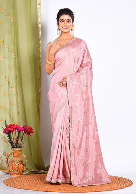 Peach Heavy Embroidered Upada Silk Saree Set