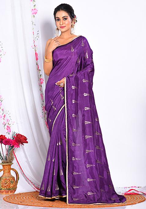 Purple Heavy Embroidered Upada Silk Saree Set