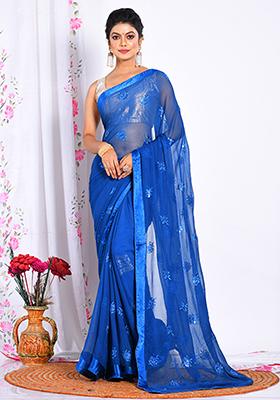 Blue Heavy Embroidered Chiffon Saree Set