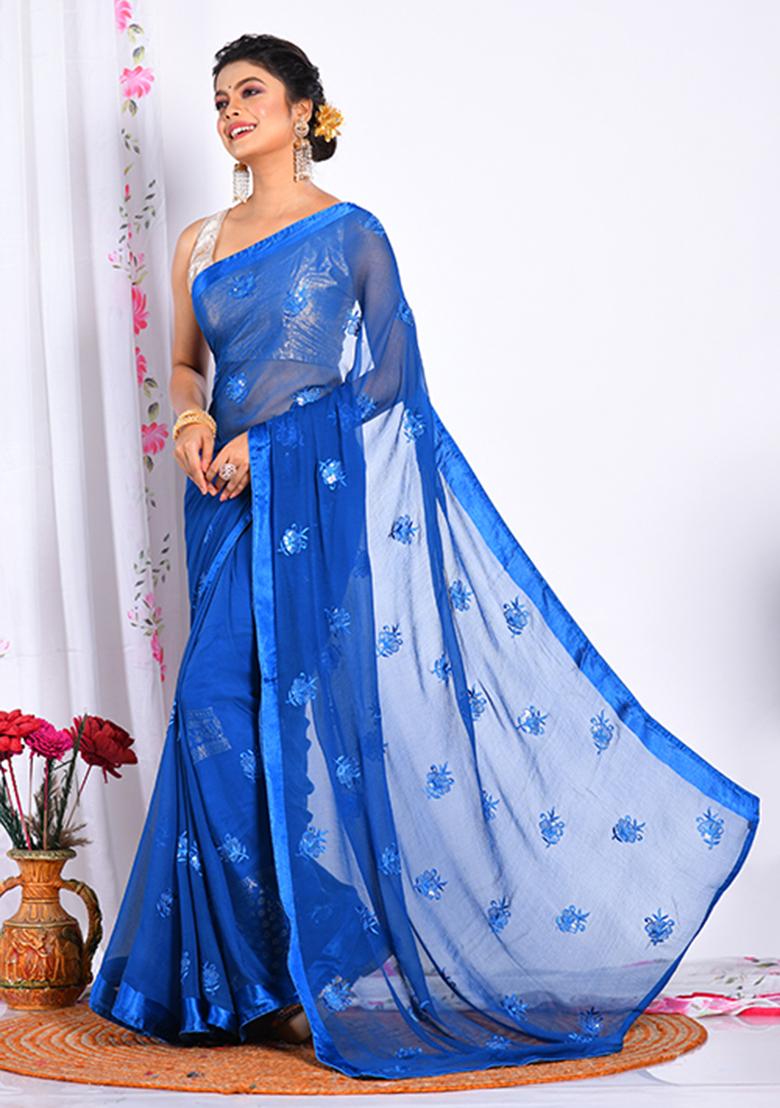 Blue Heavy Embroidered Chiffon Saree Set - Indya
