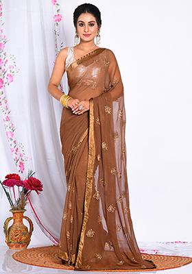 Brown Heavy Embroidered Chiffon Saree Set