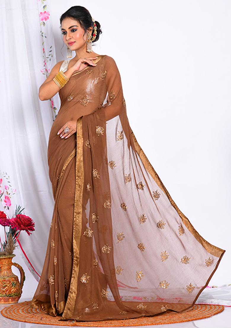 Brown Heavy Embroidered Chiffon Saree Set - Indya
