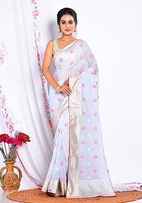 Light Blue Heavy Embroidered Viscose Organza Saree Set