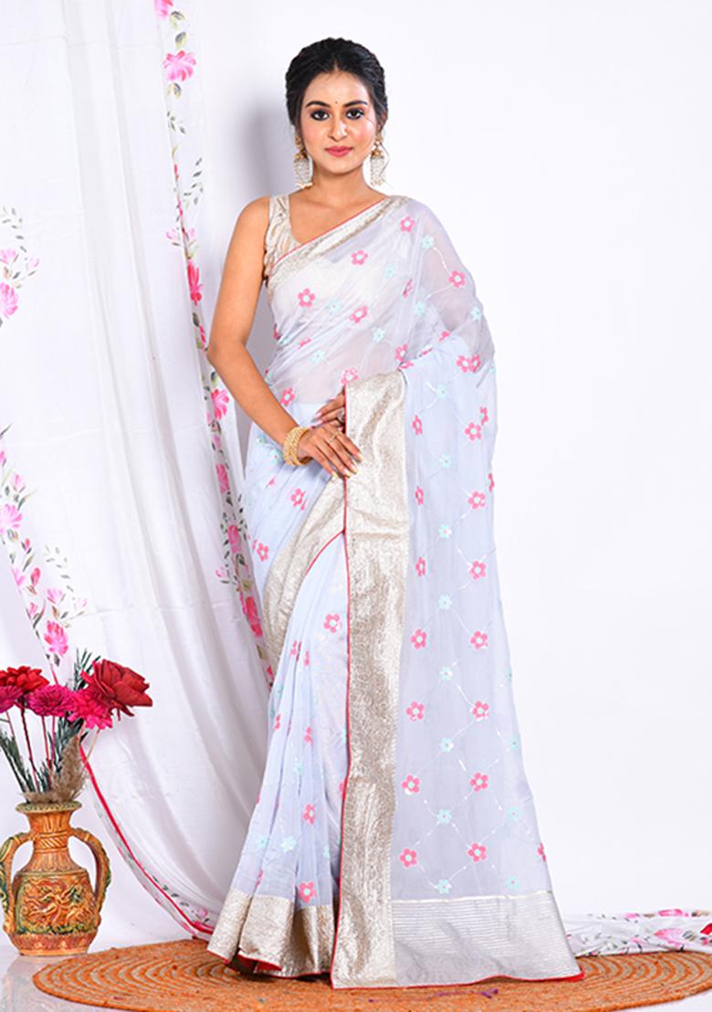 Light Blue Heavy Embroidered Viscose Organza Saree Set