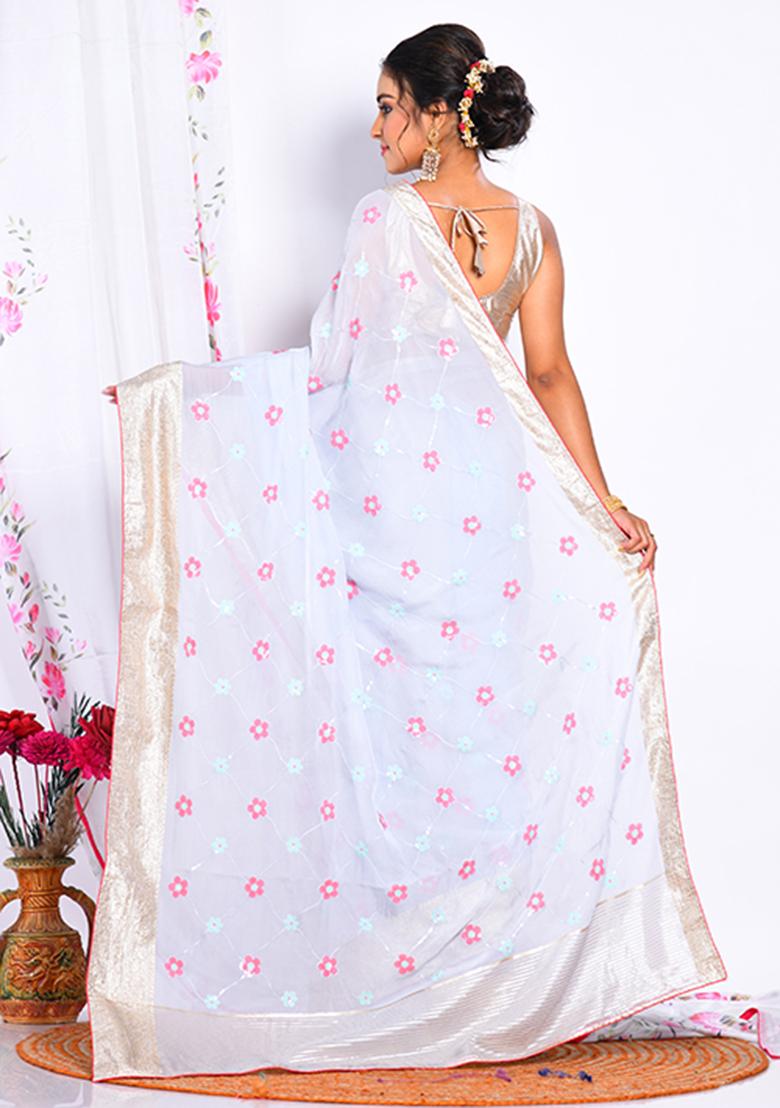 Light Blue Heavy Embroidered Viscose Organza Saree Set