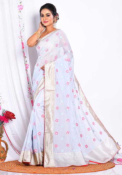 Light Blue Heavy Embroidered Viscose Organza Saree Set