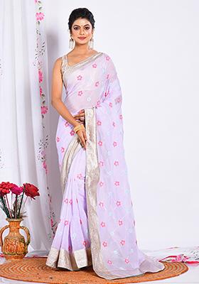 Light Purple Heavy Embroidered Viscose Organza Saree Set