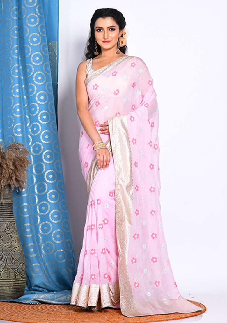 Light Pink Heavy Viscose Organza Saree Set with Embroidered for Diwali | Wedding & Festive Wear - Indya