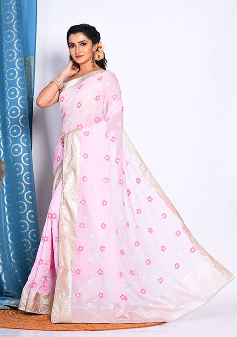 Light Pink Heavy Viscose Organza Saree Set with Embroidered for Diwali | Wedding & Festive Wear - Indya