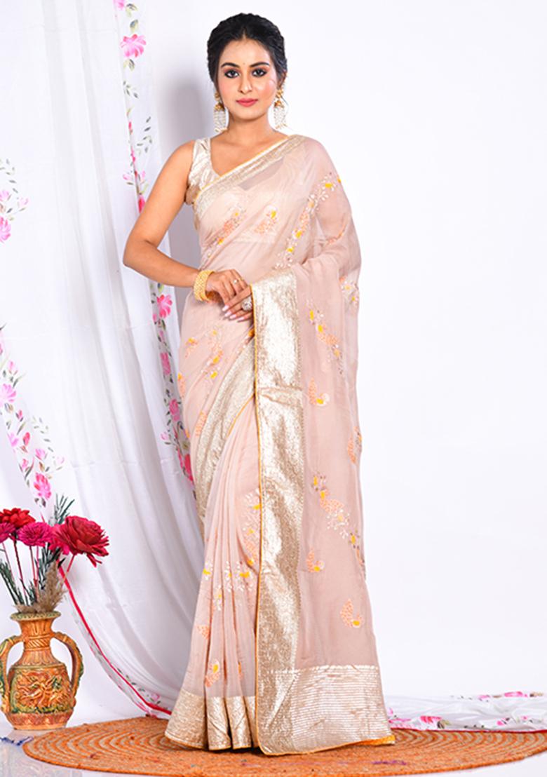 Cream Heavy Embroidered Viscose Organza Saree Set