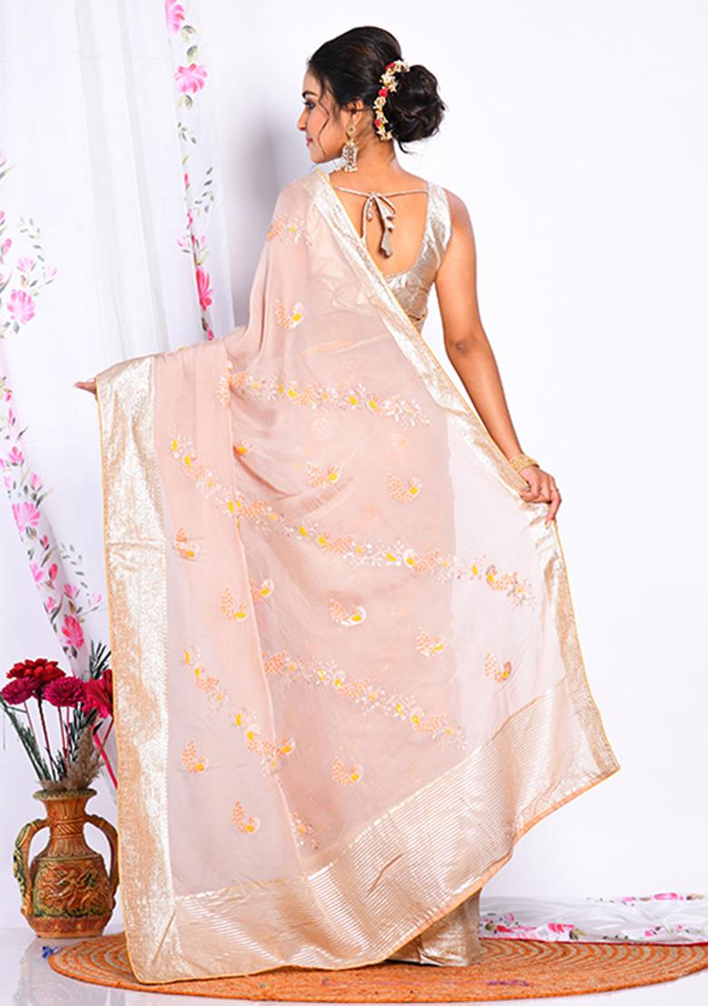 Cream Heavy Embroidered Viscose Organza Saree Set