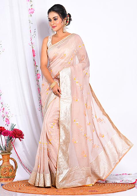 Cream Heavy Embroidered Viscose Organza Saree Set