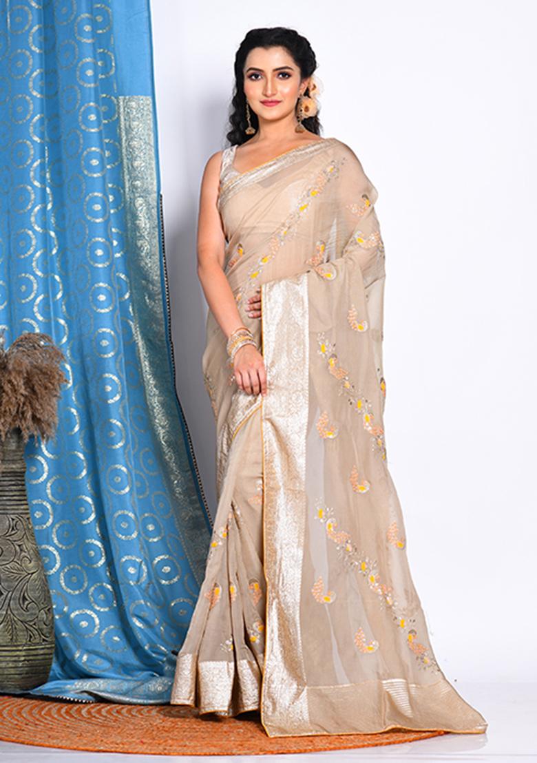 Beige Heavy Embroidered Viscose Organza Saree Set