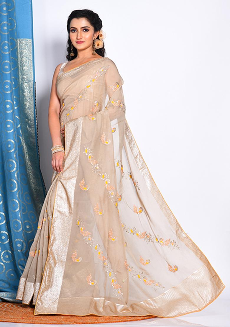 Beige Heavy Embroidered Viscose Organza Saree Set