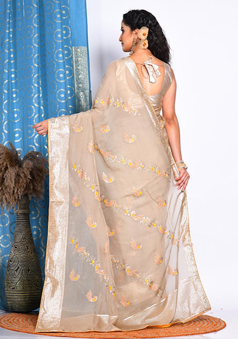 Beige Heavy Embroidered Viscose Organza Saree Set
