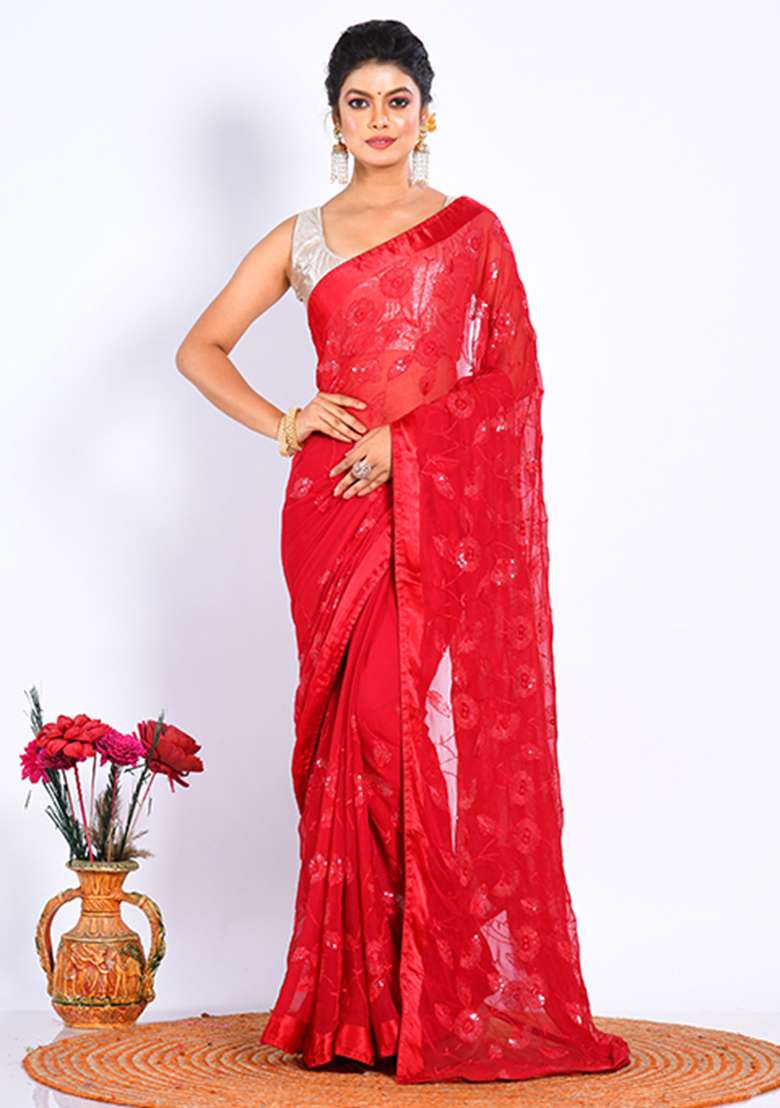 Maroon Heavy Embroidered Chiffon Saree Set - Indya