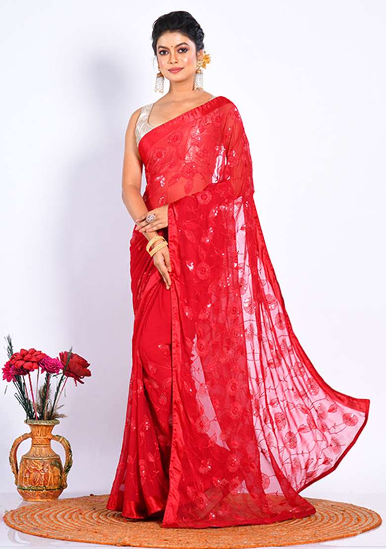 Maroon Heavy Embroidered Chiffon Saree Set - Indya